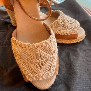 Conchisa Carol Zaffron Brown Suede Woven Raffia Espadrille Sandals, S 39 (8-8.5)
